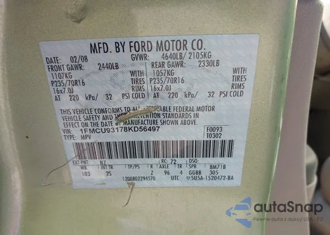 2008 Ford Escape Xlt z USA, uszkodzony, nr VIN 1FMCU93178KD56497